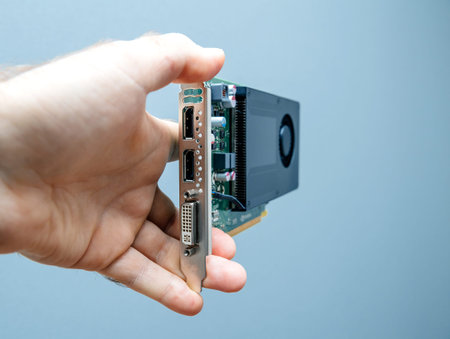 Man holding against gray background powerful GPU video card