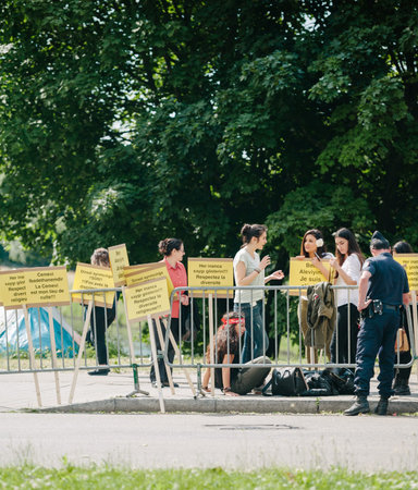 STRASBOURG, FRANCE - JUN 3, 2015: People protesting at European Court of Human Rights ECHR during...