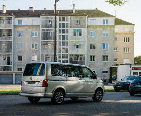 STRASBOURG, FRANCE - MAY 9, 2017: Side view of luxury Volkswagen Multivan TDI Caravelle business on...