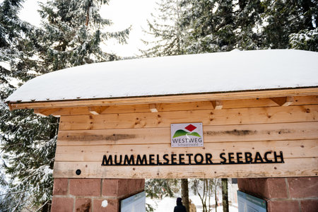 MUMMELSEE, GERMANY - FEB 18, 2018: Winter day with snow and tower gate Mummelseetor Seebach and people walking underneath on discovering the mountains in Germanyのeditorial素材
