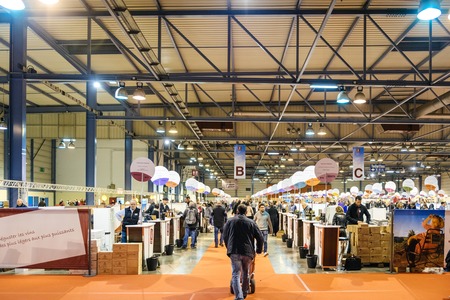 STRASBOURG, FRANCE - FEB 19, 2018 Perspective stands of French wine at the Vignerons independant English: Independent winemakers of France wine fair in Strasbourgのeditorial素材