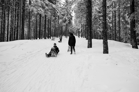 MUMMELSEE, GERMANY - FEB 18, 2018: Happy mother and doughter sleighing the sledding slope on a sunny winter day - great family time in black and whiteのeditorial素材