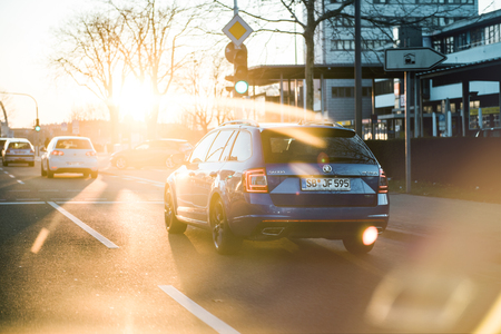 KEHL, GERMANY - FEB 25, 2018: Rear view of beautiful blue painted Skoda Octavia wagon car on the german street at sunsetのeditorial素材