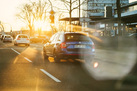 KEHL, GERMANY - FEB 25, 2018: Sunlight rear view of beautiful blue painted Skoda Octavia wagon car on the german street at sunsetのeditorial素材