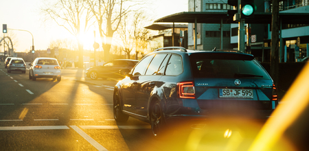 KEHL, GERMANY - FEB 25, 2018: Rear view of beautiful blue painted Skoda Octavia wagon car on the german street at sunsetのeditorial素材