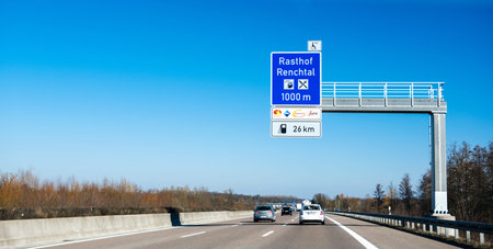 BADEN WURTTEMBERG, GERMANY - FEB 25, 2018:Driver point of view at the upfront driving cars and...