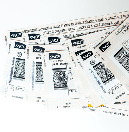 PARIS, FRANCE - JAN 14, 2015: SNCF Societe nationale des chemins de fer francais tickets for train...