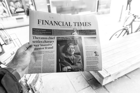 PARIS, FRANCE - MAR 15, 2018: International newspaper Financial Times with portrait of Stephen Hawking the English theoretical physicist, cosmologist dead on 14 March 2018のeditorial素材