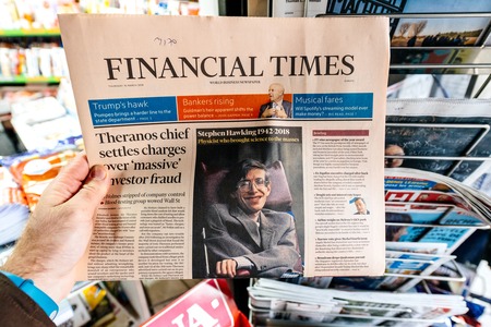 PARIS, FRANCE - MAR 15, 2018: International newspaper Financial Times  with portrait of Stephen Hawking the English theoretical physicist, cosmologist dead on 14 March 2018のeditorial素材