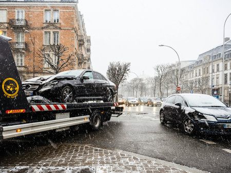 STRASBOURG, FRANCE - MAR 2, 2018: Traffic jam with car accident on French street between luxury...
