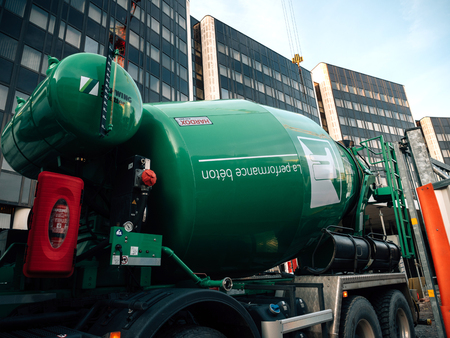 STRASBOURG, FRANCE - MAR 5, 2018: Scania G410 cement mixer truck at the reconstruction site of the European Parliament and Council of Europe building in Strasbourg using Hardox On Site Cementのeditorial素材