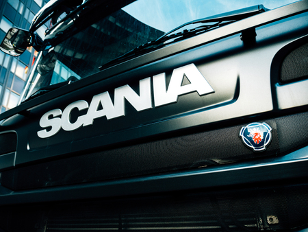 STRASBOURG, FRANCE - MAR 5, 2018: Side view of Scania logotype insignia logo on the front part of the radiator of a powerful G410 truck new Swedish truckのeditorial素材