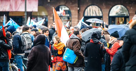 STRASBOURG, FRANCE  - MAR 22, 2018: People at demonstration protest against Macron French government string of reforms, mutiple trade unions have called public workers to strikeのeditorial素材