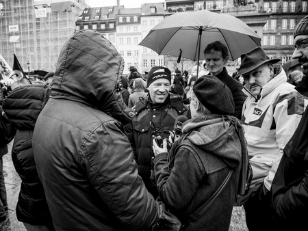 STRASBOURG, FRANCE  - MAR 22, 2018: France Bleu Radio Interviewing people at demonstration protest against Macron French government string of reforms, mutiple trade unions have called to strikeのeditorial素材
