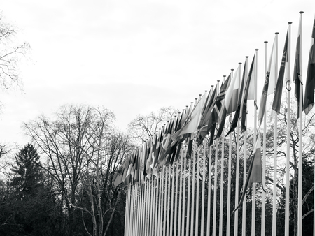 Black and white of Flag of Russia flying half-mast at Council of Europe as a tribute and mourning of victims of fire at Zimnyaya Vishnya Winter Cherry shopping centre Kemerovo.の写真素材