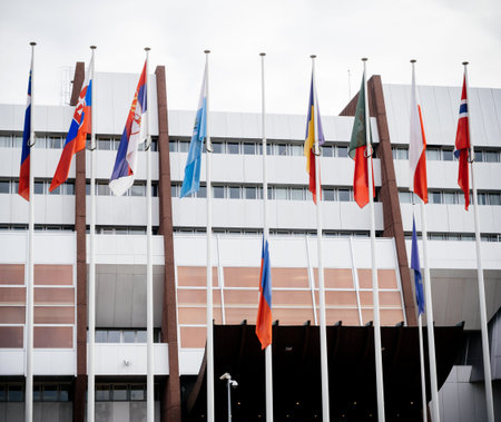 Flag of Russia flying half-mast at Council of Europe as a tribute and mourning of victims of fire at Zimnyaya Vishnya Winter Cherry shopping centre Kemerovo.の写真素材