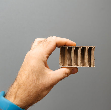 Factory worker male hand holding against gray background part of corrugated cardboard carton paper...