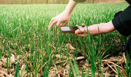 Young agronomist agriculture woman biologist inspecting the wheat plant harvest on a warm spring day...