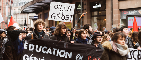 STRASBOURG, FRANCE  - MAR 22, 2018: Wide image of demonstration protest against Macron French government string of reforms, mutiple trade unions called public workers to strikeのeditorial素材