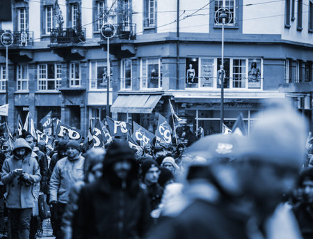 STRASBOURG, FRANCE  - MAR 22, 2018: CGT flags at demonstration protest against Macron French...
