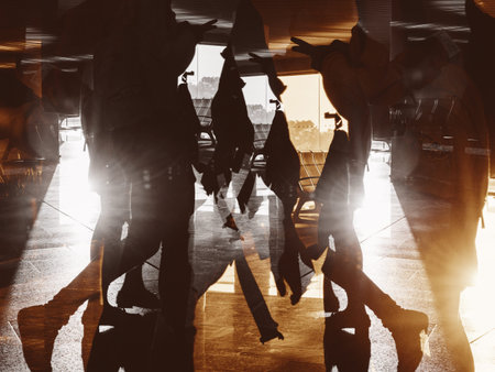 Digital composite image with silhouettes of people walking in modern airport - yellow and white...