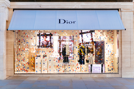LONDON, UNITED KINGDOM - MAY 18, 2018: Congratulation message from Christian Dior fashion boutique to  HRH Prince Harry of Wales KCVO and Ms Meghan Markle flagship store on Regent street for Royal Weddingのeditorial素材