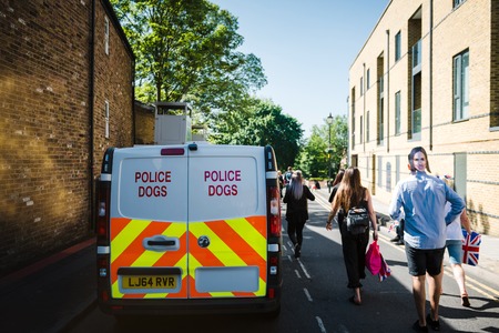 WINDSOR, BERKSHIRE, UNITED KINGDOM - MAY 19, 2018: Police Dogs van on Windsor street during royal wedding marriage celebration of Prince Harry and Meghan Markleのeditorial素材