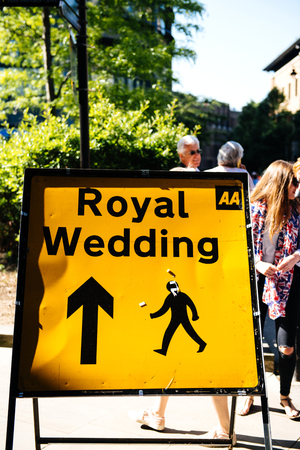 WINDSOR, BERKSHIRE, UNITED KINGDOM - MAY 19, 2018: A Royal Wedding road sign is seen in central Windsor on the day of the royal wedding of Prince Harry and Meghan Markleのeditorial素材