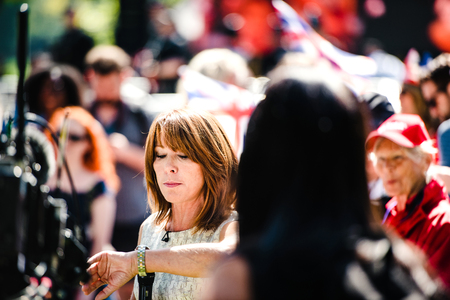 WINDSOR, BERKSHIRE, UNITED KINGDOM - MAY 19, 2018: Kay Burley Sky news coverage during royal wedding marriage celebration of Prince Harry, Duke of Sussex and the Duchess of Sussex Meghan Markleのeditorial素材