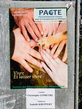 STRASBOURG, FRANCE - JUN 10, 2017: Political posters advertising of Elections legislatives francaises de 2017 French legislative election of Parti Antispecisteのeditorial素材