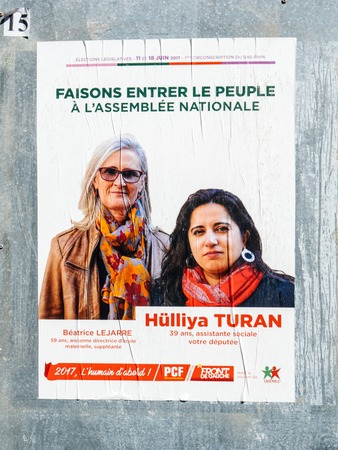 STRASBOURG, FRANCE - JUN 10, 2017: Political posters advertising of Elections legislatives francaises de 2017 French legislative election of Communist Partyのeditorial素材