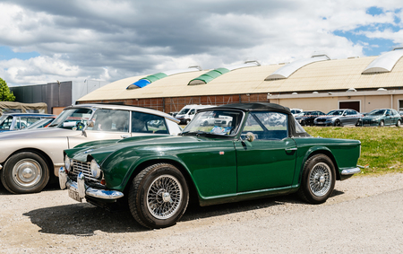 STRASBOURG, FRANCE - APR 30, 2018: Beautiful Triumph Spitfire 4 MK2 1965 Green parked on the street on a sunny dayのeditorial素材