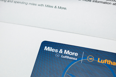 FRANKFURT, GERMANY - JAN 14, 2015: Close-up macro detail of Miles and More card received by post from German Lufthansa airlines Member Clubのeditorial素材