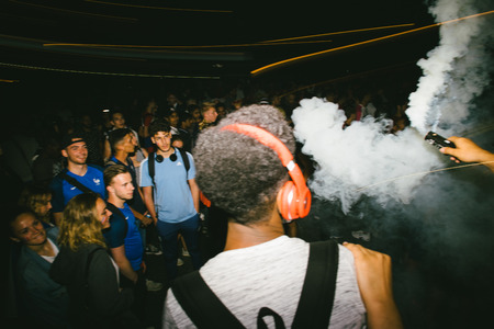 STRASBOURG, FRANCE - JULY 10, 2018: Happy ambiance on Central Place Kleber after the victory of France qualify for the final of the 2018 FIFA World Cup after their victory over Belgium 1-0のeditorial素材