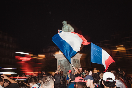 STRASBOURG, FRANCE - JULY 10, 2018: Waving French flag Central Place Kleber after the victory of France qualify for the final of the 2018 FIFA World Cup after their victory over Belgium 1-0のeditorial素材
