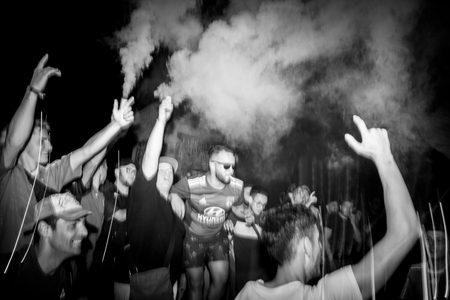 STRASBOURG, FRANCE - JULY 10, 2018: Smoke flare in Central Place Kleber after the victory of France qualify for the final of the 2018 FIFA World Cup after their victory over Belgium 1-0のeditorial素材
