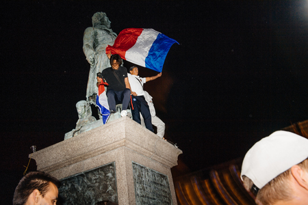 STRASBOURG, FRANCE - JULY 10, 2018: Unique French celebration after the victory of France qualify for the final of the 2018 FIFA World Cup after their victory over Belgium 1-0のeditorial素材