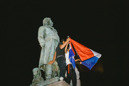 STRASBOURG, FRANCE - JULY 10, 2018: Unique French celebration after the victory of France qualify for the final of the 2018 FIFA World Cup after their victory over Belgium 1-0のeditorial素材