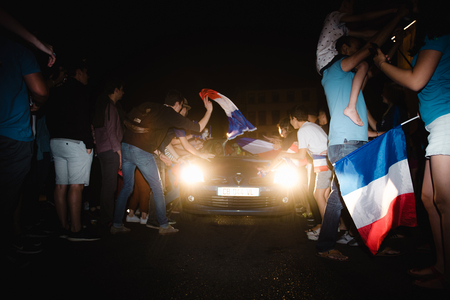STRASBOURG, FRANCE - JULY 10, 2018: Rodeo with cars - unique French celebration after the victory of France qualify for the final of the 2018 FIFA World Cup after their victoryのeditorial素材