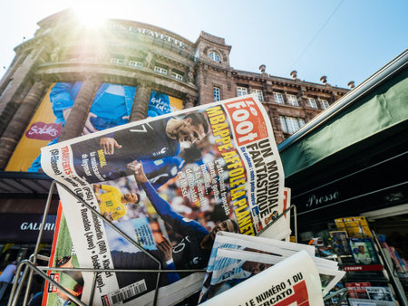 STRASBOURG, FRANCE - JUL 16, 2018: galeries lafayette and newspaper announcing France champion title after French national football team won their FIFA World Cup 2018 final game against Croatia in Moscowのeditorial素材