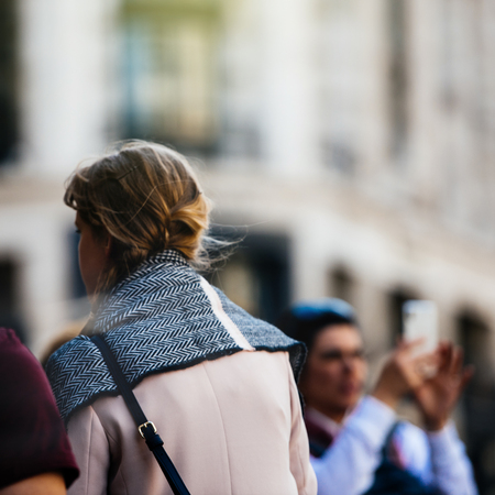 LONDON, UNITED KINGDOM - MAY 18, 2018: Rear view of people defocused silhouettes in London - square imageのeditorial素材