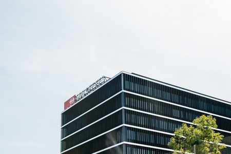 Bern, Switzerland - Aug 17, 2018: Headquarter of Swiss Federal Railways Schweizerische Bundesbahnen SBB-CFF-FFS icon on the top of the buildingのeditorial素材