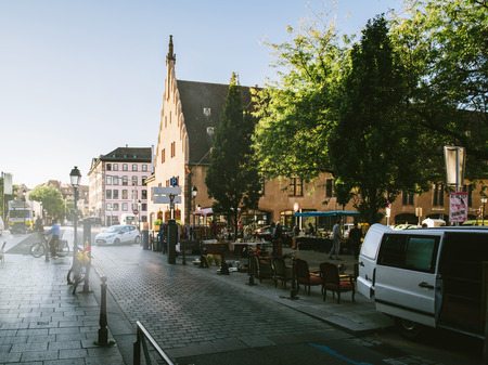 STRASBOURG, FRANCE - SEP 12, 2018: Vintage flea market in central Strasbourg early in the morning multiple market stallsのeditorial素材