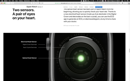 London, United Kingdom - September 12, 2018: ECG sensor heart on Apple Watch wearable computer, seen on computer MacBook display after Apple Computers product launchのeditorial素材