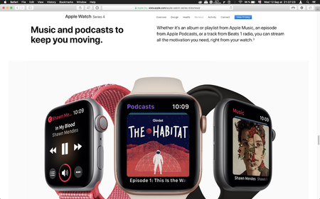 London, United Kingdom - September 12, 2018: Music Apple Watch wearable computer, seen on computer MacBook display after Apple Computers product launchのeditorial素材