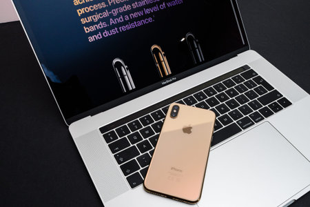 PARIS, FRANCE - SEP 25, 2018: New iPhone Xs and Xs Max smartphone model by Apple Computers close up...