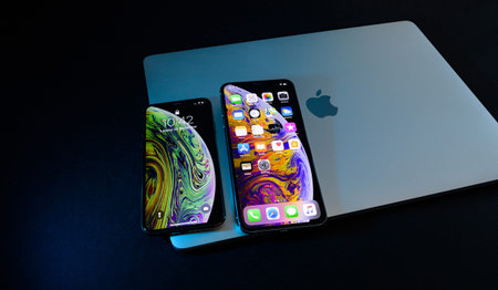 PARIS, FRANCE - SEP 25, 2018: Two new iPhone Xs and Xs Max smartphone model by Apple Computers close...