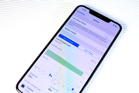 PARIS, FRANCE - SEP 27, 2018: new iPhone Xs Max smartphone model by Apple Computers close up with battery health and activity screen time stats app showing phone usageのeditorial素材