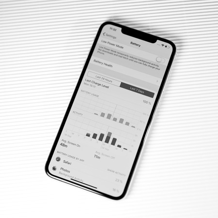 PARIS, FRANCE - SEP 27, 2018: new iPhone Xs Max smartphone model by Apple Computers close up with battery and activity screen time stats app showing phone usage - black and whiteのeditorial素材