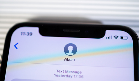 PARIS, FRANCE - SEP 27, 2018: Detail of new Apple Computers iPhone Xs Max with Viber messenger calling contactのeditorial素材